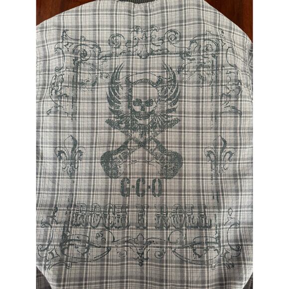 Vintage Y2K GUESS Bomber jacket gray plaid skull wings guitar size Small - Picture 8 of 9